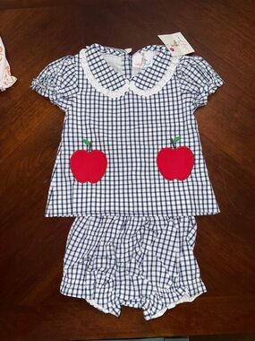 Navy and White Gingham Set with Red Apple Appliqués